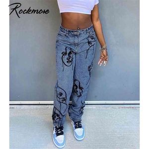 Rockmore Embroidery High Waist Straight Jean'S Cargo Pants Y2K Harajuku Denim Mom boyfriend Baggy Trousers s 210809