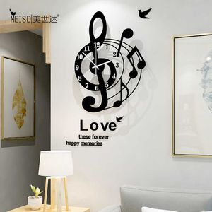 Notas musicais arte criativa grande relógio de parede moderno design 3d moda acrílico relógios relógio sala de estar decoração de casa 210724