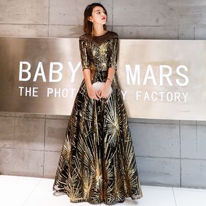 Вечернее платье Robe De Soiree 2022 с золотыми блестками и кристаллами с круглым вырезом, черные вечерние платья длиной до пола