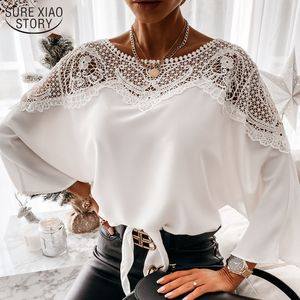 Camisa de renda Branco Blusa Mulheres O-pescoço Crochet Floral Manga Longa Bordado Casual Escritório Escritório Ladies Top Roupas 12459 210508