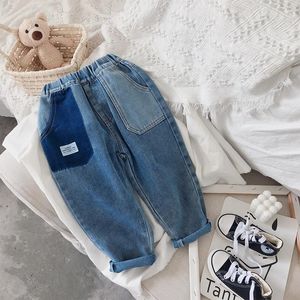 Jeans 2021 outono coreano para bebê gilrs meninos calças de retalhos azuis calças casuais crianças jeans crianças roupas