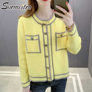 SURMIITRO Autumn Winter Sweet Cardigan Women Yellow Stripe Knitwear Long Sleeve Sweater Female Knitted Jacket Coat 210712