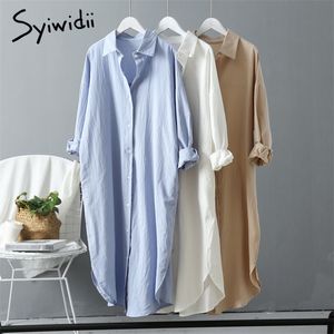 Syiwidii Woman Long Shirt Dress Cotton Korean Fashion Clothing White Plus Size Big Shirt Dresses Spring Long Sleeve Loose 210417