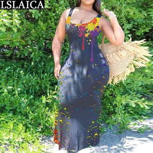 Inkjet-Druck Plus Size Kleid Hohe Taille Mode Party Club Langer Sommer Eleganter gestrickter Hosenträger für Frauen 210515