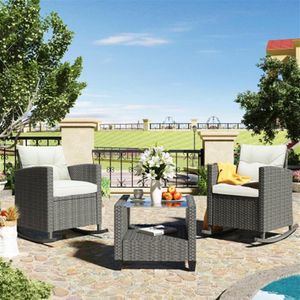 US STOCK U_STYLE 3 Piece Rocking Patio Furniture Set Wicker Rattan Set with Cushions and Glass-Top Coffee Table for Garden Backyar260P