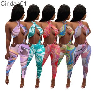 Sexy Bra Pants Suit Womens Fashion Print Clothing 2022 Summer Tracksuits Halter Neck Hollow Out Two Piece Outfits