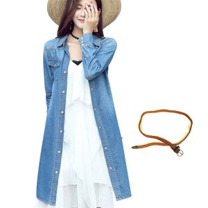 Retro Belt Jeans Coat Women Long Spring Turn-Down Collar Single-Breasted BF Korean Blue Thin Denim Shirt Windbreaker Jacket 210601