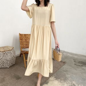 Sommar minimalism Square Neck Ljus Lila Ruffles Klänning Kvinnor Elegant Lång Robe Korea Lösa Casual Dresses QV746 210510