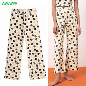 Women Jeans Beige Floral Print Woman High Waist Denim Trousers Casual Straight Leg Ladies Pants Suits Streetwear 210430