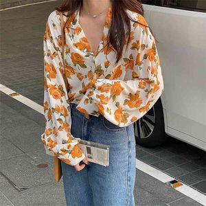 Floral Retro Blus Kvinnor Höst Utomhus Chiffon V-Neck Long Puff Sleeve Fairy Loose Office Lady Shirt Kvinna Koreansk 210521
