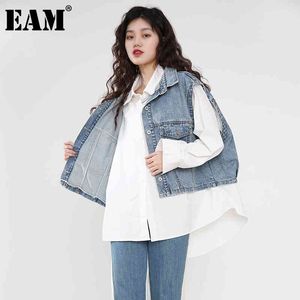 [EAM] Women White Irregular Denim Big Size Blouse Lapel Long Sleeve Loose Fit Shirt Fashion Spring Summer 1X25500 210512