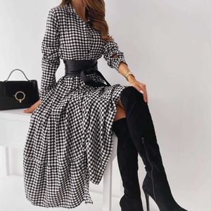 Women's Casual Sundress Spring Lapel Shirt Dress Long Sleeve Mid-Claf Vestidos Female Button Robe Belted Plaid Turn-down Collar 210706