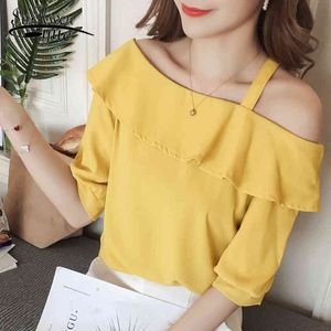 Рубашка женской блузки лето шифон плюс размер женской одежды сущность с коротким рукавом твердые желтые цветные вершины 0342 40 210521