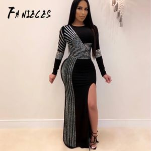 Plus Storlek Casual Diamonds Maxi Klänning Långärmad Slå Bodycon Club Party Dresses Formal Business Outfits Robe Femme 210520