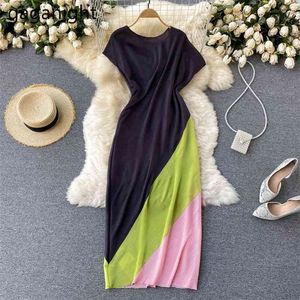 Patchwork Color Women Maxi Dress Fashion Summer Lady Holiday Knit Stretchy Vestidos Arrivals Robe Chic Korean 210601