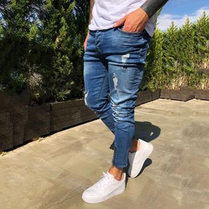 Мужские джинсы мужские разорванные повседневные стройные пригонки тощие проблемные джинсовые брюки мода мыть синий прямой G31