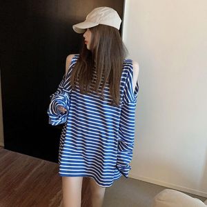 Women's Hoodies & Sweatshirts Autumn 2021 Off-the-shoulder Hoodie Korean Loose Casual Stripe Long-sleeve T Shirt Women Sexy Fashion Blue Top