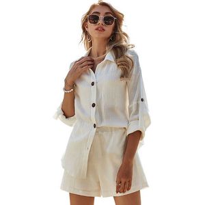 Frühling Frauen Sets Casual Revers Langarm Einreiher Hemd Tops und Shorts Weiß Outfits Lose Zwei Stück Anzüge 210526