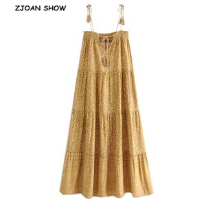 Bohemian borla lacing up v pescoço leopardo espaguete espaguete vestido amarelo étnico mulher riacha plissada shappy longos vestidos 210429