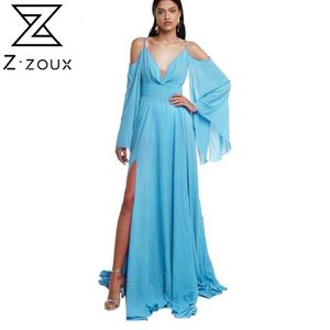 Women Dress Flare Sleeve V-neck Off Shoulder Split Sexy Dresses Plus Size Long Summer Clothes Fashion 210524