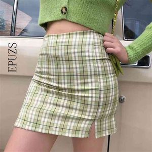 vintage green tartan print skirts women pencil plaid Sexy high waist bodycon summer faldas mujer 210521
