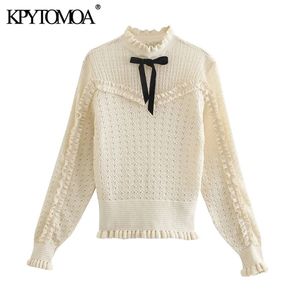 Yay ile Kadın Moda Ruffled Trimler Örme Kazak O Boyun Uzun Kollu Kadın Kazaklar Chic Tops 210420