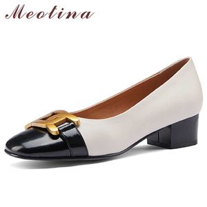 Meotina Med Heels Natural Genuine Leather Women Shoes Dress Decorazione in metallo Décolleté Tacco grosso Calzature da donna Spring White 40 210608