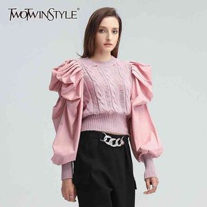 Dziura Patchwork Sweter dla Kobiet O Neck Rękaw Puff Sleeve Casual Pink Swetry Kobiet Fall Fashion Odzież 210524