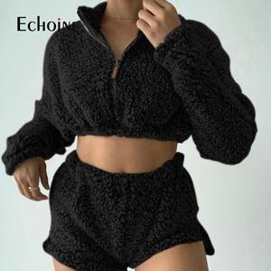 Echoine Kobiety Zima Miękkie Puszyste Dresy Polarowe Zestaw Solid Zip Crop Top Spodenki Dwa Kawałki Zestaw Mody Party Odzież Strój Y0625