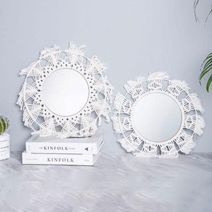 Зеркала хлопчатобумажная струна тканое зеркало круглый белый декор ручной работы гостиной