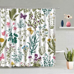 Cortinas de chuveiro Cortina floral Vintage Garden Plant Herbs Flowers Botanical Classic Design Fabric Decoração de banheiro conjunto com ganchos azul rosa