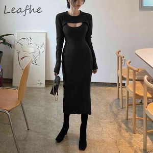 Sexy Chest Hollow Out Party Club Midi Dress Chic Women Sling Dress and Shawl 2 pezzi Set Casual Solid Rib manica lunga Streetwear X0521