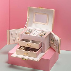 Luksusowa biżuteria Box Organizer Duży PU Skórzany szuflada Biżuteria Kolczyk Ring Naszyjnik Przechowywanie Case Girls Prezent Casket 211014