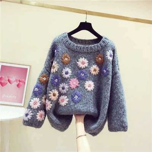 Siers Mujer秋のファッションレトロなoネック刺繍花セーターMujerルーズシックアップリケ花柄ニットシャツトップスプル210610