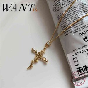 WANTME Ethnic Real Sterling Silver Smiple Cross Rose Flower Pendant Cuban Chain Necklace for Women Religion Faith Jewelry