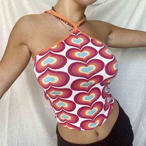 Süße Kawaii Herz gedruckt Sexy Y2k Halter Crop Top Frauen Tanks Sommer rückenfreie Mädchen Shirt weibliche Party T-Shirt Weste Beachwear 210510