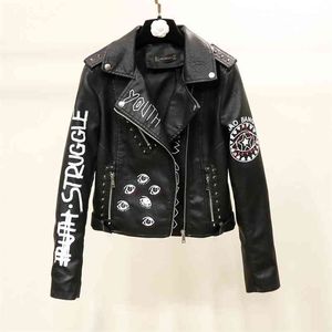 Kvinnor Biker Jackor Faux Leather Print Coats Lady Black Rivet Motorcykeljacka Streetwear Zipper Up Epaulet Outwear 210430