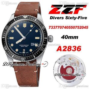 ZZF Diver Sixty-Five A2836 Automatik-Herrenuhr 2021, blaues Zifferblatt, braunes Lederarmband mit weißer Linie, Uhren Super Edition 733 7707 4055-07 5 20 45 ETA Puretime