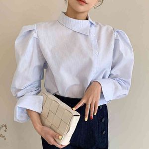 Bahar Bayanlar Bluz Kore Tarzı Yaka Yan Tek Göğüslü Gevşek Vahşi Uzun Puf Kol Çizgili Gömlek Kadınlar 210510