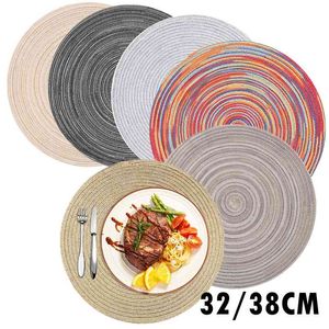 Conjunto de placemats redondos de 6 algodão tecida placemat resistente ao calor esteiras de mesa lavável antiderrapante para mesa de jantar 32 / 38cm 210817