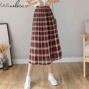 Pleated Skirts Womens Vintage Plaid Chiffon Midi Summer School Ladies Jupe Kawaii Skirt Saia Faldas B04903B 210421