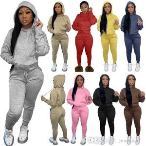 Plus Size Kobiety Z Kapturem Dresy 2 Sztuka Spodnie Zestaw Solid Color Sportswear Stroje Pullover Spodnie dresowe Jogger Suit Spadek Zima