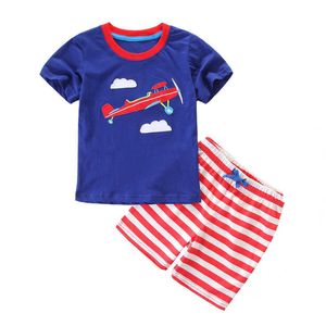 Hoppmätare Ankomst Broderi Flygplan Sommarkläder för pojkar Bomull Kläder Toddler Suits 210529