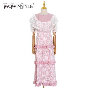 Twotwinstyle Różowy Patchwork Koronki Sukienka Dla Kobiet O Neck Rękaw Puffowy Wysoka Talia Eleganckie Maxi Sukienki Kobiet Lato Moda 210517