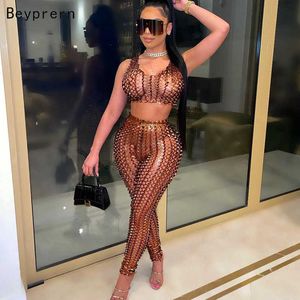 Beyprern New Chic See Through Leather Matching Sets Two-Piece Outfits Summer Hollow Out Crop Top And Legging Set Rave Outfits Y0625