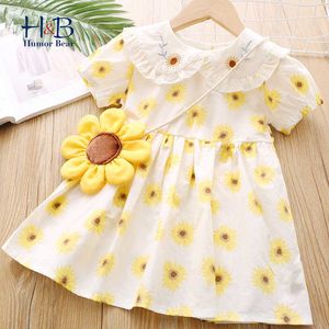 Humor urso meninas vestido verão novo puff-manga sunflower impresso bonito crianças princesa vestido criança roupas para 2-6Y Q0716