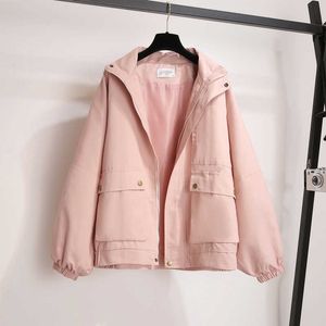 Winter jacket solid color punk Harajuku long sleeve large size loose Vintage female ins couple cargo hooded pocket 210608