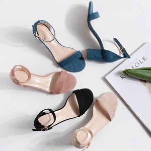 Quadratische Hight Heels Frauen Sandalen Sommer Schuhe Frau Flock Faux Wildleder Pumps Ankle Straps Hausschuhe Peep Toe Hochzeit Schuhe 210520