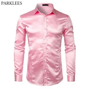 Pink Silk Satin Luxury Dress Shirt Men Brand Slim Long Sleeve Tuxedo Shirt Male Wedding Club Party Dance Prom Camisas 210629