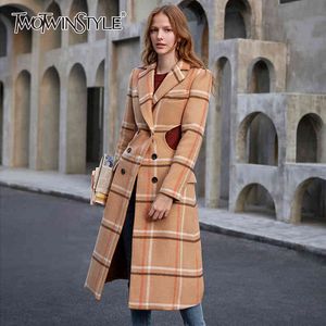 Twotwinstyle xadrez tweed jaqueta para mulheres lapela manga comprida alta cintura dupla peito oco out casual casaco feminino outono 210517